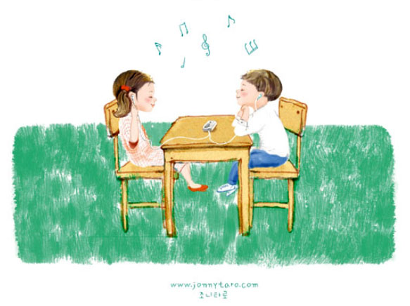 일러스트. 두 아이가 책상에 앉아 이어폰을 나눠끼고 있다.