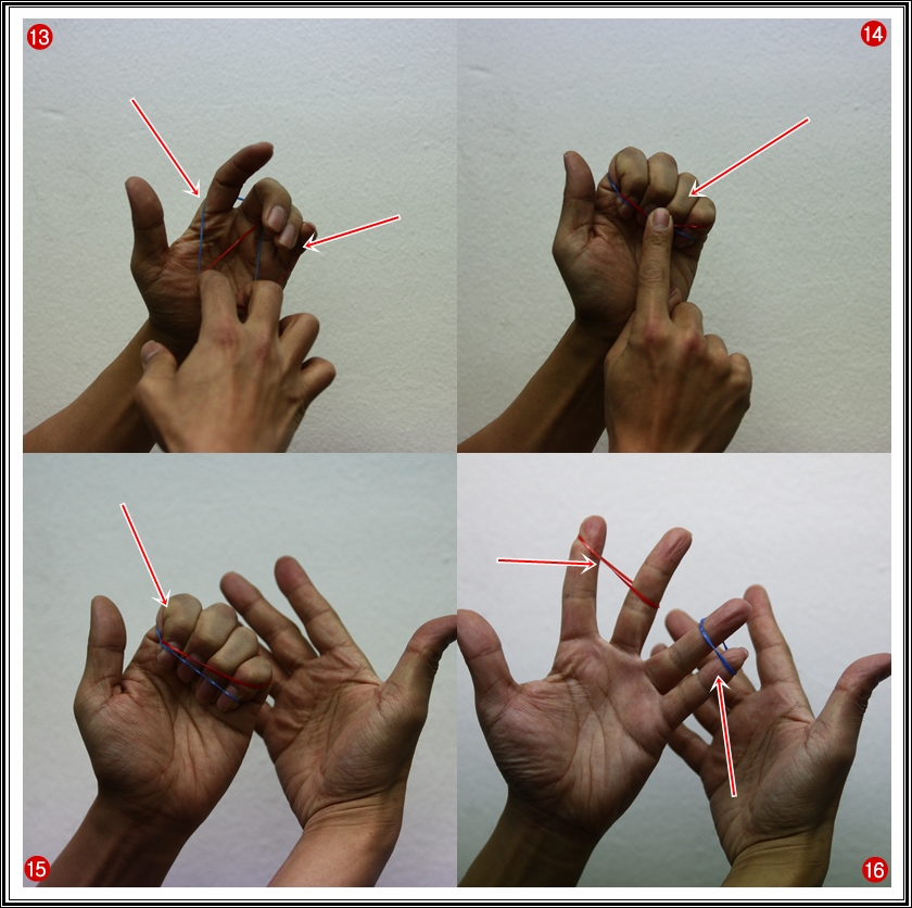 ⑬ 두 개의 고무줄이 겹쳐지는 부분에 손가락 4개를 집어 넣는 거에요 ⑭ 그림처럼 손가락에 고무줄을 잘 끼우게 됩니다. ⑮ 그 다음 손을 조심해서 펴게 되면 ? 두 개의 고무줄의 위치가 바뀌게도 된답니다.