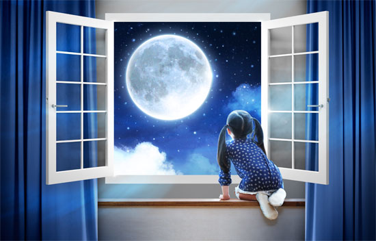아이가 달을 보고있는 그림