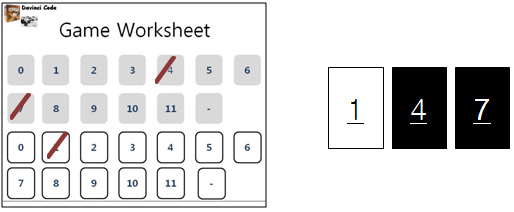 ①각 플레이어에게 Game Sheet을 나눠 주고 0 부터 11 그리고 ?을 Game Sheet에 쓰게한 후 각자 자신의 타일 3개의 숫자를 자신의 Game Sheet에
체크한다.