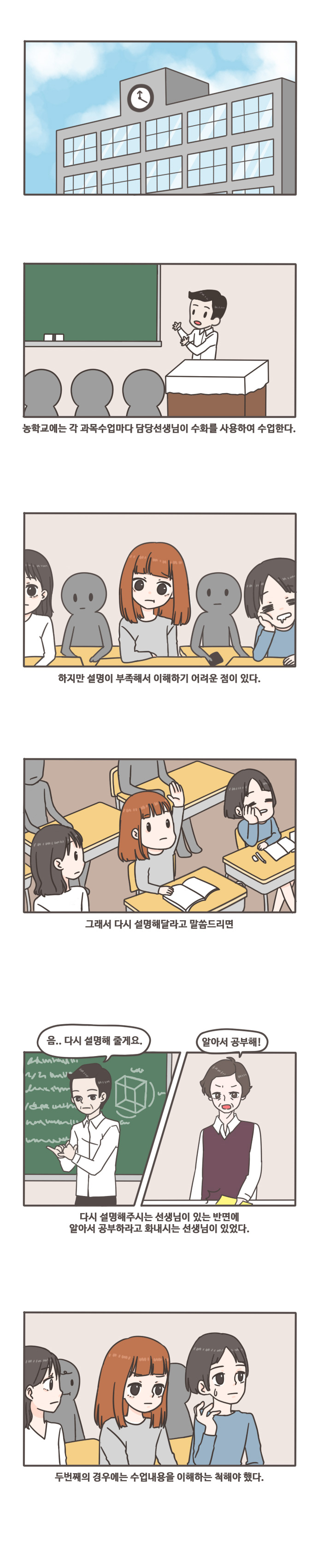 농학교에는 각 과목수업다마 담당선생님이 수화를  사용하여 수업한다. 하지만 설명이 부족해서 이해하기 어려운 점이 있다. 그래서 다시 설명해달라고 말씀드리면 음..다시 설명해 줄게요. 알아서 공부해! 다시 설명해주시는 선생님이 있는 반면에 알아서 공부하라고 화내시는 선생님이 있었다. 두번째의 경우에는 수업내용을 이해하는 척해야 했다.